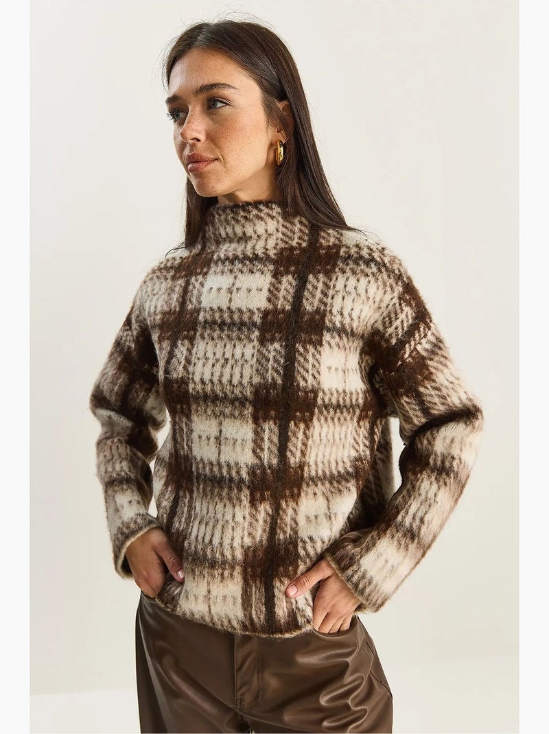 Dikke geruite halfcoltrui lucci Natuurlijk beige - Kiabi