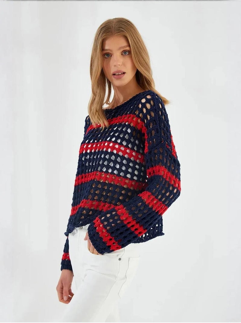 Dikke sweater van grofgebreide stof met strepen en oversized pasvorm mixray Marineblauw - Kiabi
