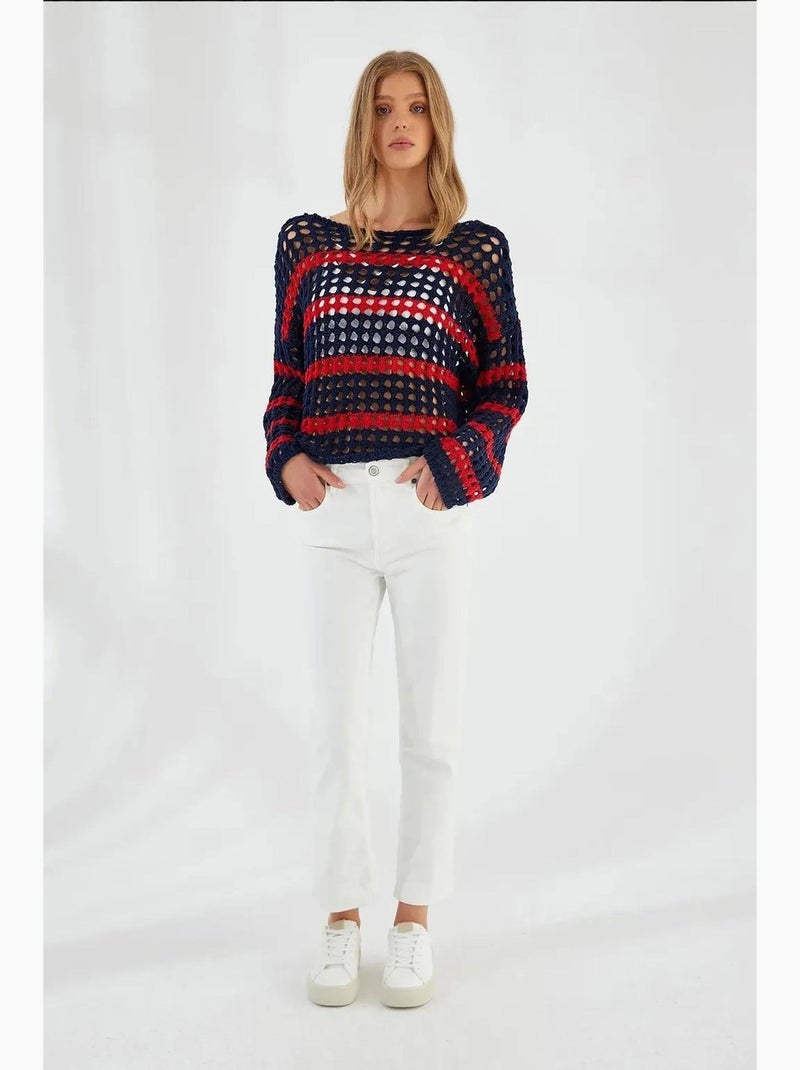 Dikke sweater van grofgebreide stof met strepen en oversized pasvorm mixray Marineblauw - Kiabi