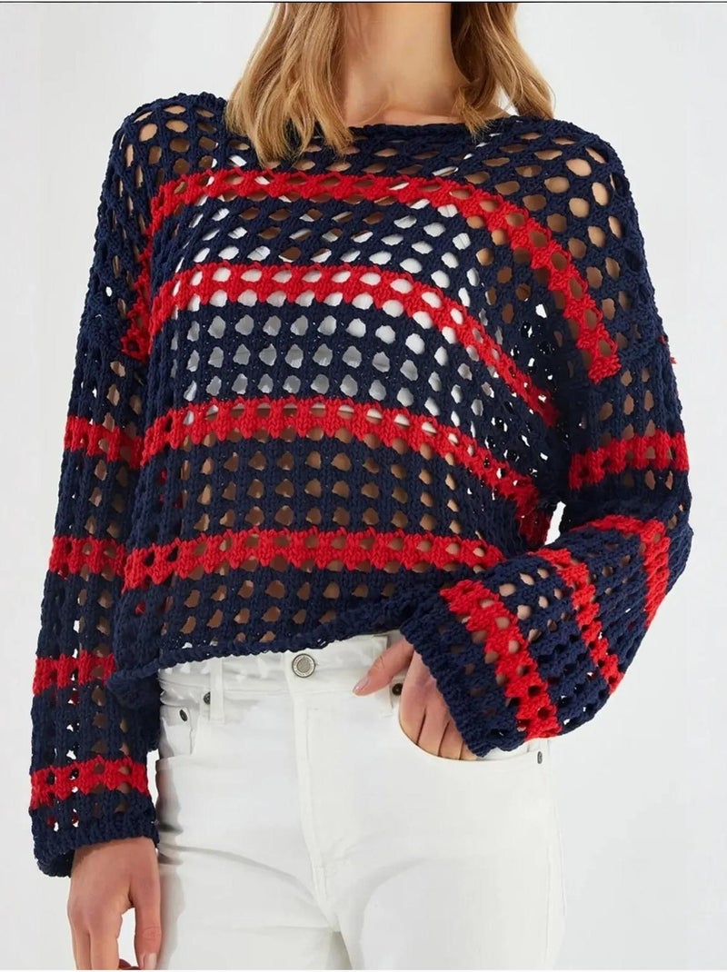Dikke sweater van grofgebreide stof met strepen en oversized pasvorm mixray Marineblauw - Kiabi