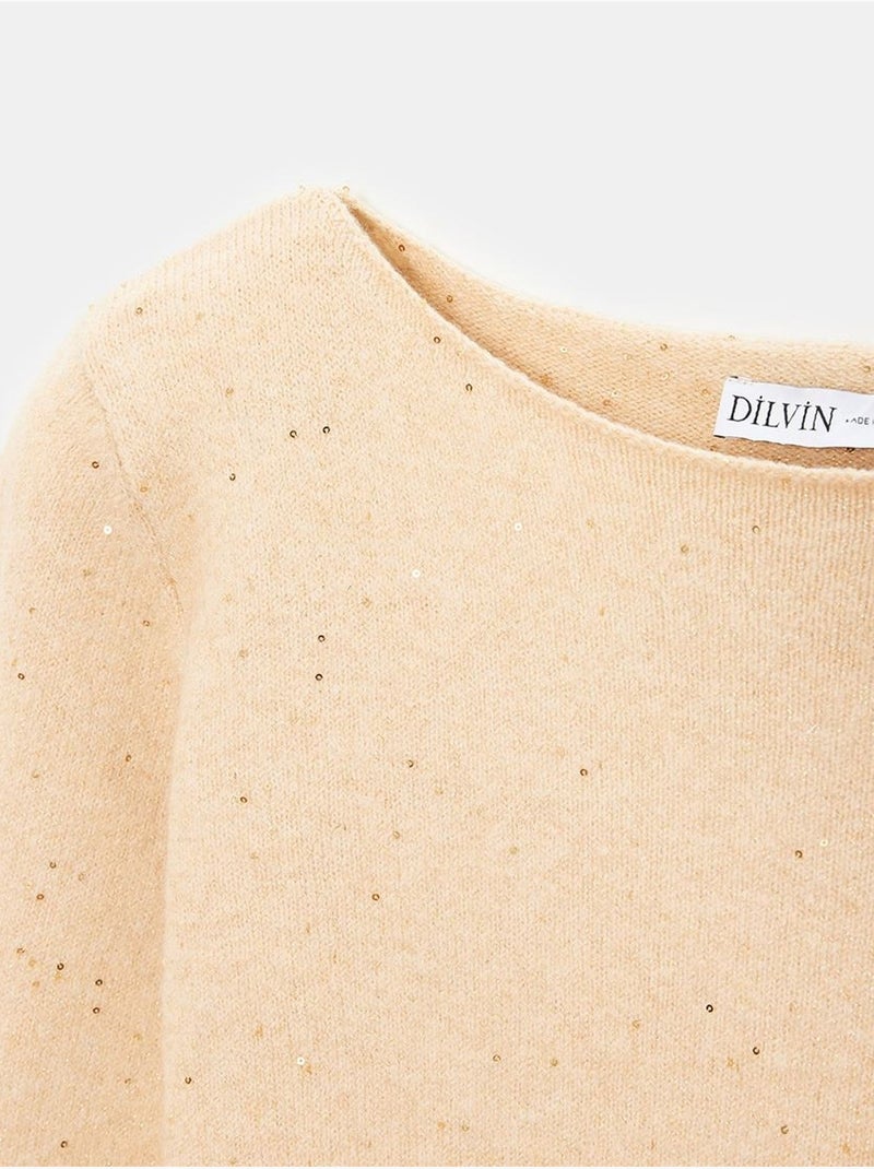 DILVIN Pull En Maille À Col Bateau Et Sequins Beige naturel - Kiabi