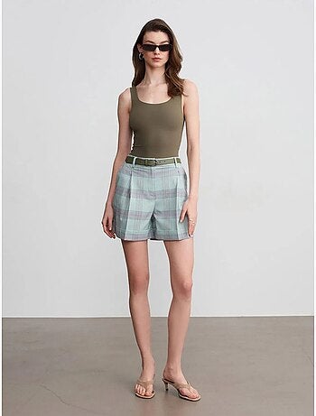 DILVIN Short Tailleur À Carreaux, Taille Haute Et Ceinture