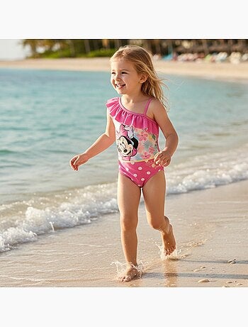 Disney - Maillot de bain fille 1 pièce asymétrique rose à pois motif personnage