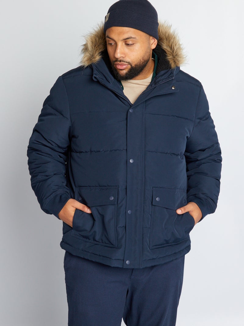 Donsjack met capuchon van imitatiebont BLAUW - Kiabi