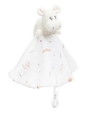 Doudou mouchoir rond en mousseline de coton - modèle hippo
