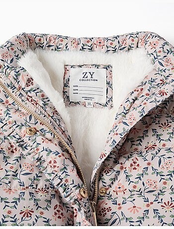 Doudoune floral avec capuche et doublure en peluche douce synthétique