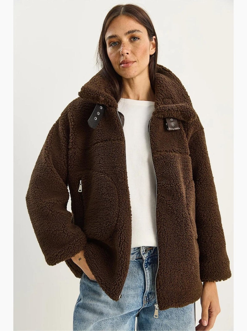 Doudoune oversize en maille peluche avec fermeture éclair lucci Marron foncé - Kiabi
