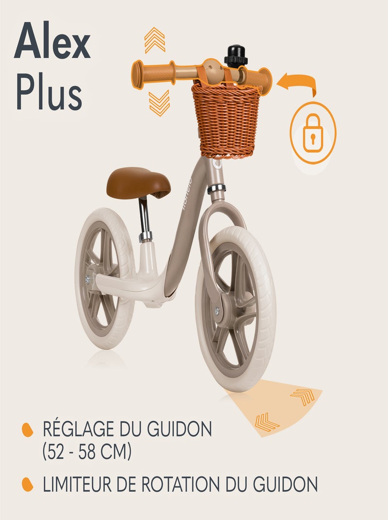 Draisienne LIONELO Alex Plus - Léger - Selle confortable - Réglable - Panier et Sonnette inclus Beige - Kiabi
