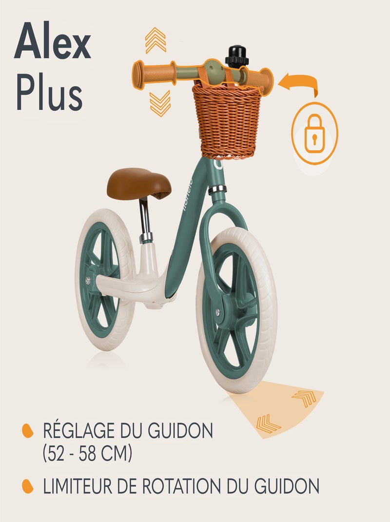 Draisienne LIONELO Alex Plus - Léger - Selle confortable - Réglable - Panier et Sonnette inclus Vert - Kiabi