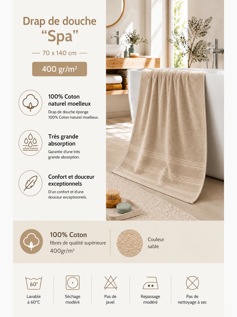 Drap de douche spa 100% coton 400 gr/m² Sable - Kiabi