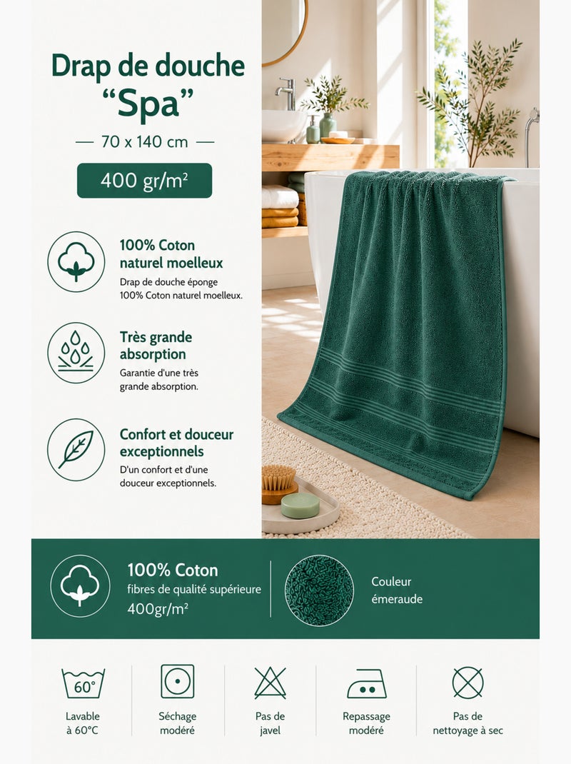 Drap de douche spa 100% coton 400 gr/m² Vert émeraude - Kiabi