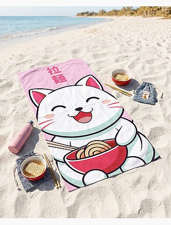 Drap de Plage 70x140 cm 100% Polyester | Chat Kawaii Ramen Bol Rouge Kanji Japonais Rose