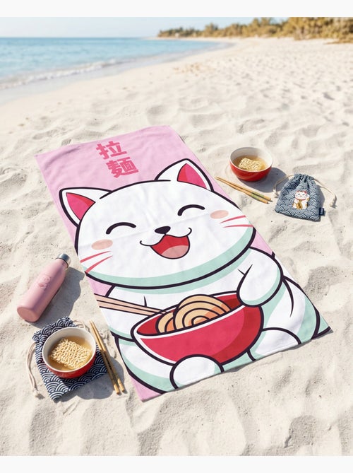 Drap de Plage 70x140 cm 100% Polyester | Chat Kawaii Ramen Bol Rouge Kanji Japonais Rose - Kiabi Drap de Plage 70x140 cm 100% Polyester | Chat Kawaii Ramen Bol Rouge Kanji Japonais Rose - Kiabi