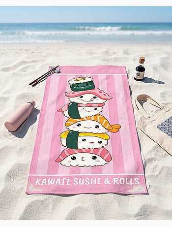 Drap de Plage 70x140 cm 100% Polyester | Kawaii Sushi & Rolls Empilés Rose Rayures Japonais