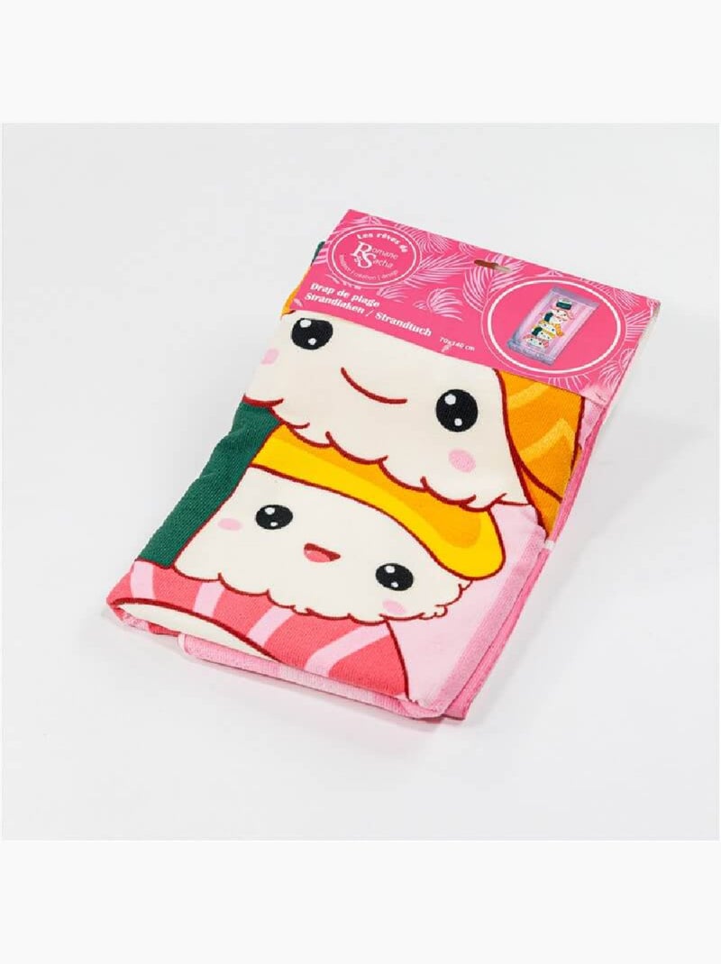 Drap de Plage 70x140 cm 100% Polyester | Kawaii Sushi & Rolls Empilés Rose Rayures Japonais Beige/Rose - Kiabi