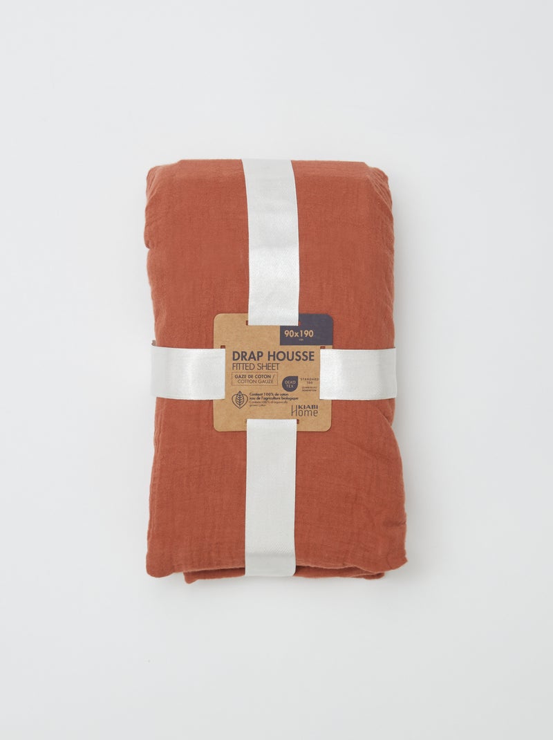 Drap housse 1 personne (90x190 cm) en double gaze de coton - Kiabi Home Terracota - Kiabi
