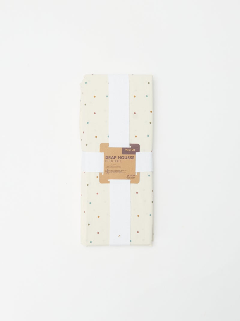 Drap housse 1 personnes 90 x 190 en coton Beige à pois - Kiabi