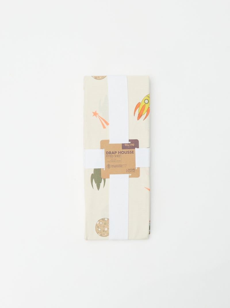 Drap housse 1 personnes 90 x 190 en coton Beige imprimé - Kiabi
