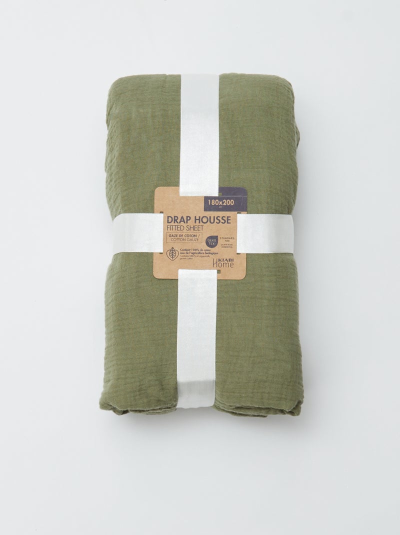 Drap housse 2 personnes (180x200) en double gaze de coton - Kiabi Home Vert - Kiabi