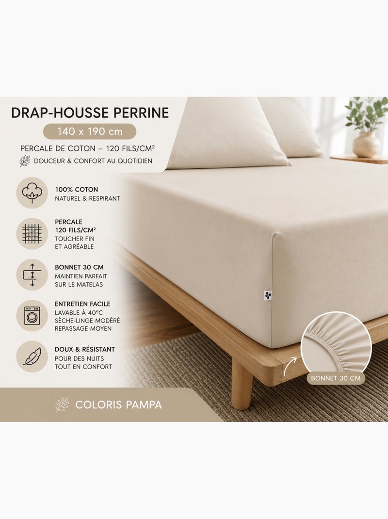 Drap-housse percale de coton 120 fils unie perrine Beige naturel - Kiabi