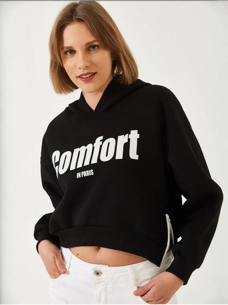 Drie-garen geborstelde cropped sweatshirt met zijrits lucci Zwart - Kiabi