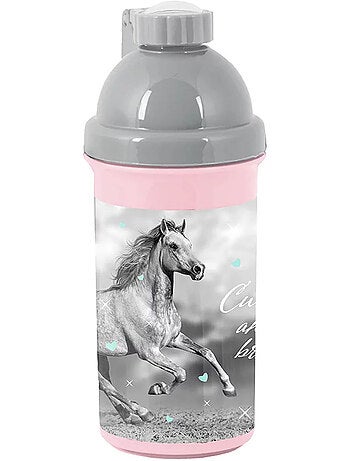 Drinkfles kinderen van kunststof paardenmotief grijs en roze – 18 cm