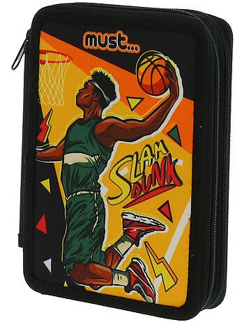Dubbel pennenzak met ritssluiting gewatteerd bedrukt basketball MUST SLAM DUNK