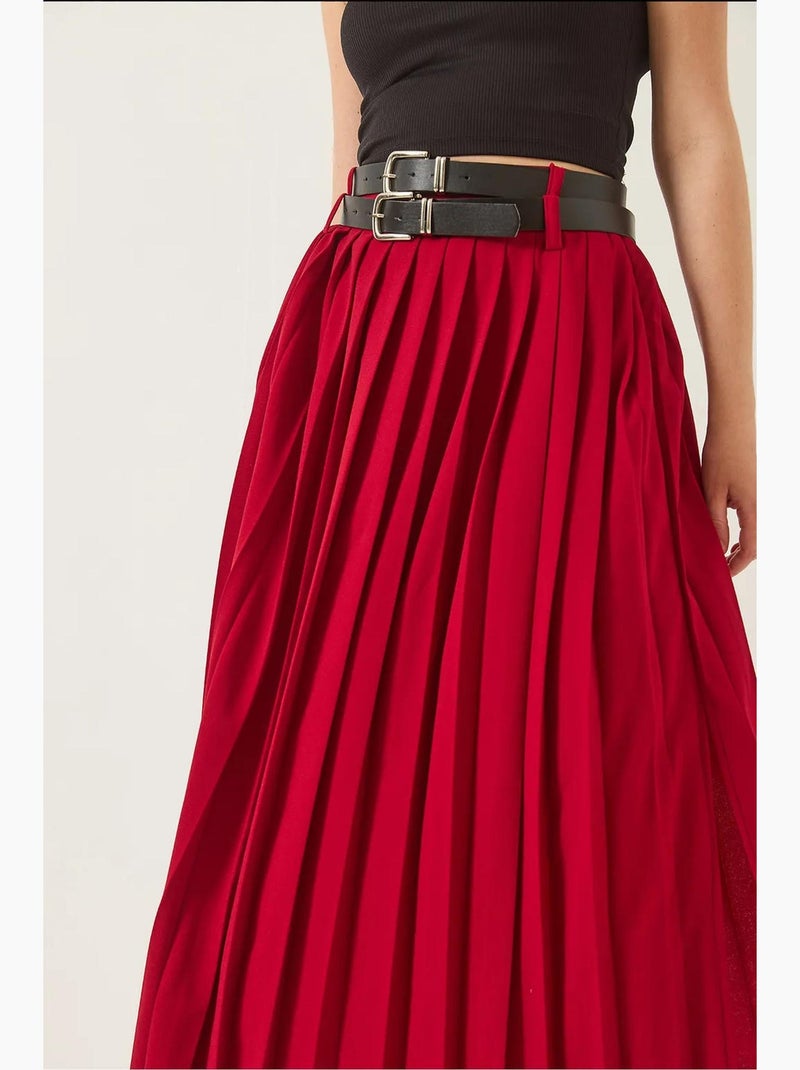 Dubbele riem geplooide lange rok met splitdetail lucci Bordeauxrood - Kiabi