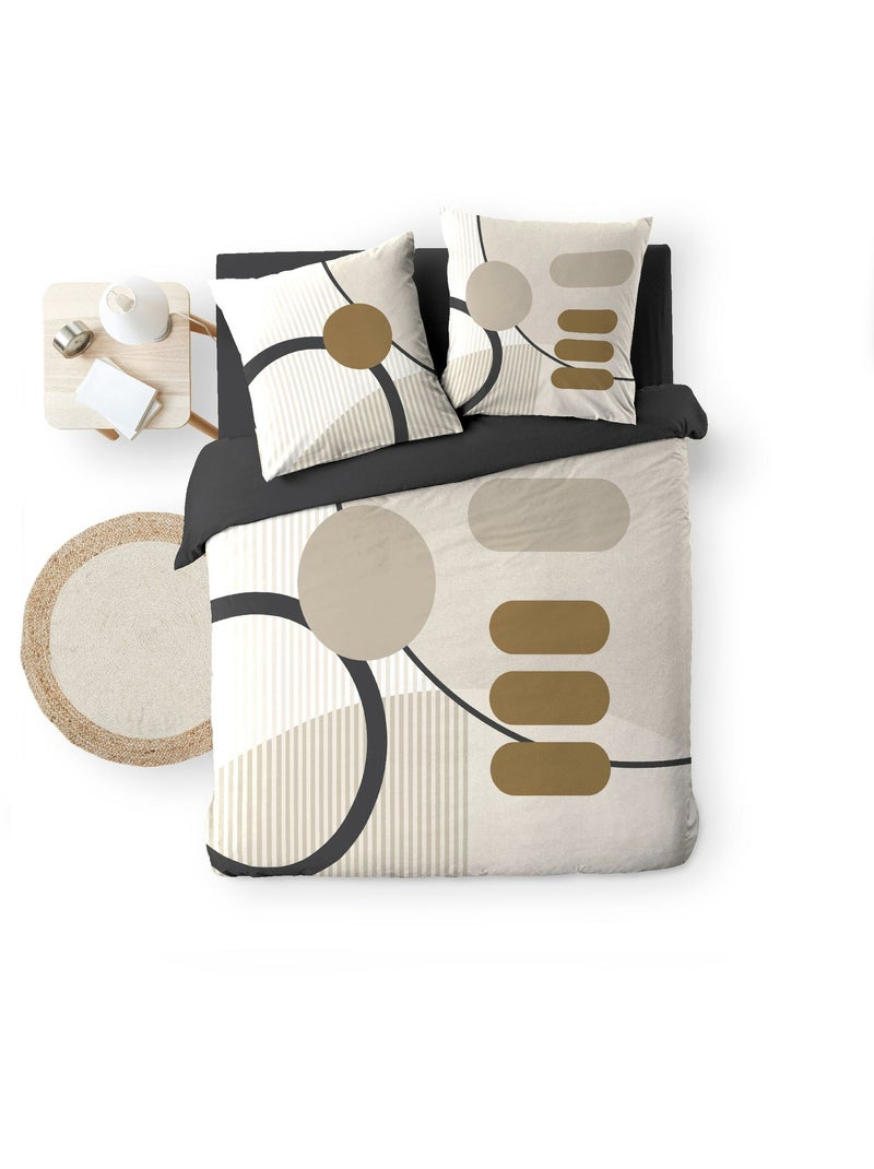 Dubbelzijdig bedrukt katoenen geometrisch bedlinnenset Grijsbeige - Kiabi