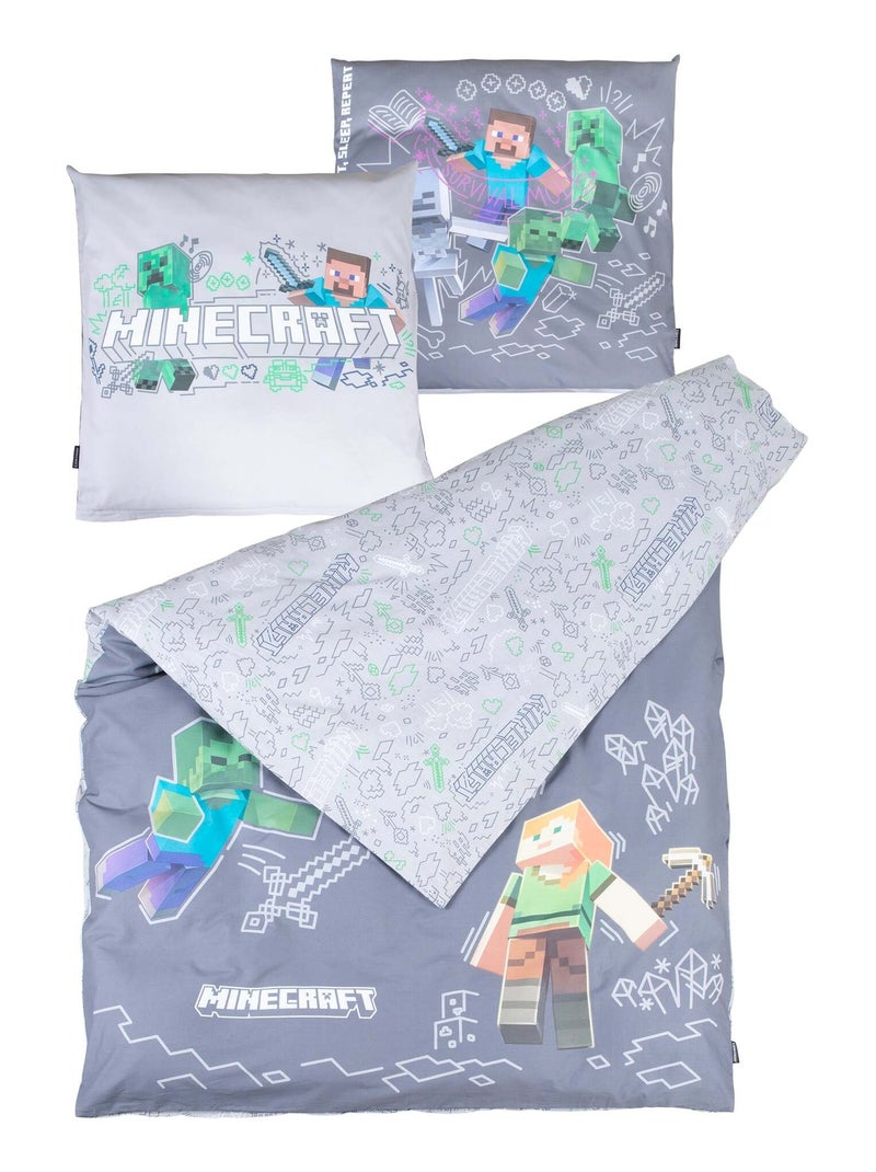 Dubbelzijdige beddengoedset met afneembare hoes, 100% katoen 'Minecraft' ROBA Geelgrijs Grijs - Kiabi