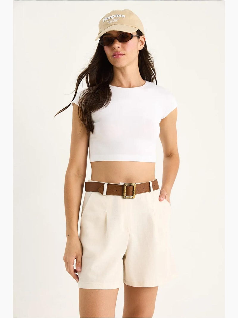 Dunne linnen shorts met riem en zakdetail lucci Klei-beige - Kiabi