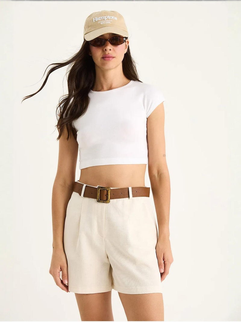 Dunne linnen shorts met riem en zakdetail lucci Klei-beige - Kiabi