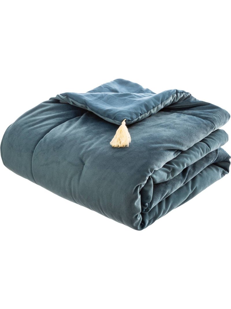 Édredon en velours avec pompons SONIA Bleu - Kiabi