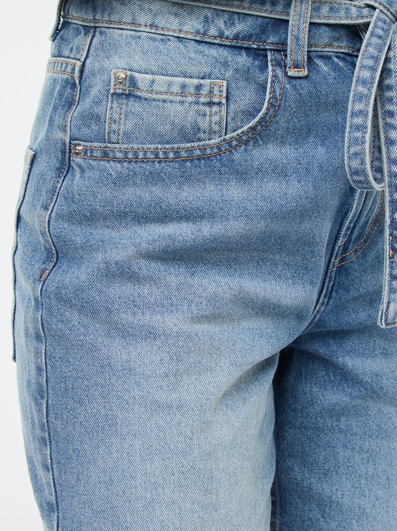 Effen, barrel-fit spijkerbroek met strikdetail Blauw - Kiabi
