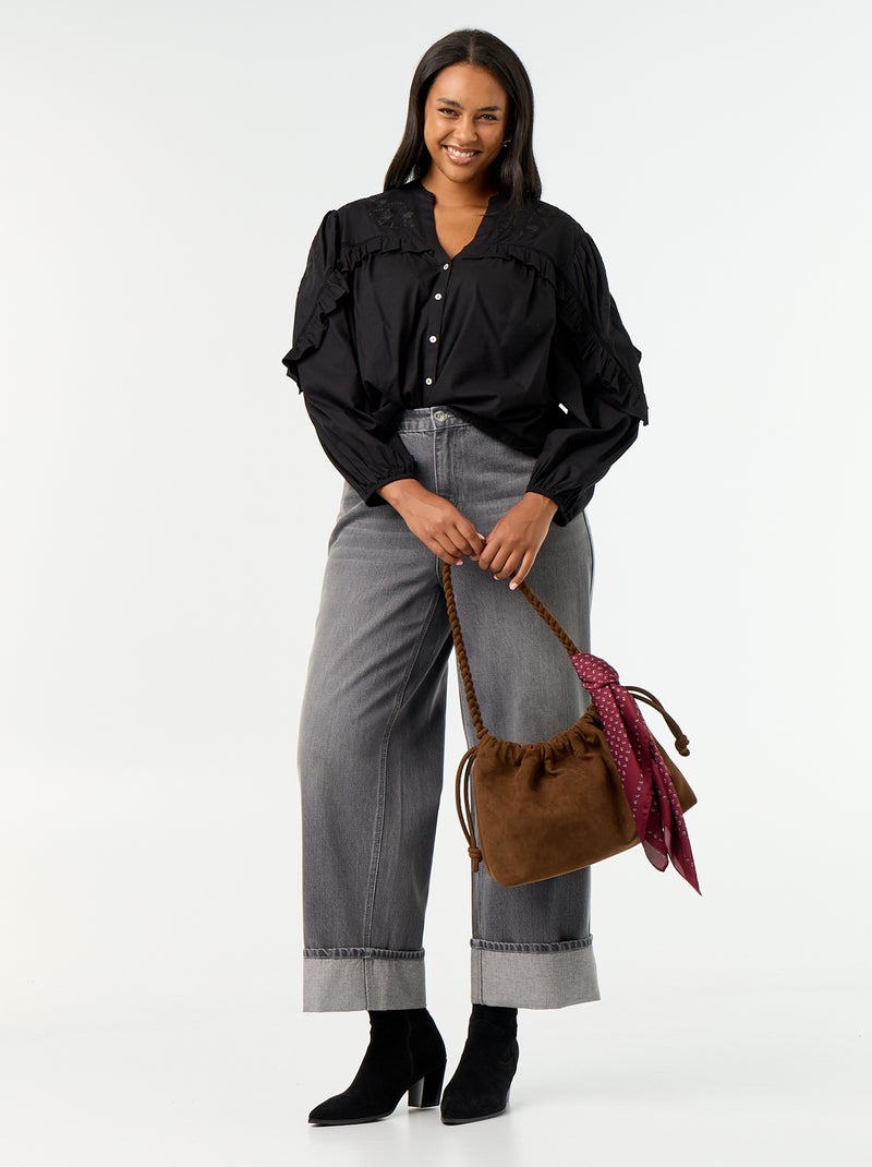 Effen blouse met ruches Zwart - Kiabi