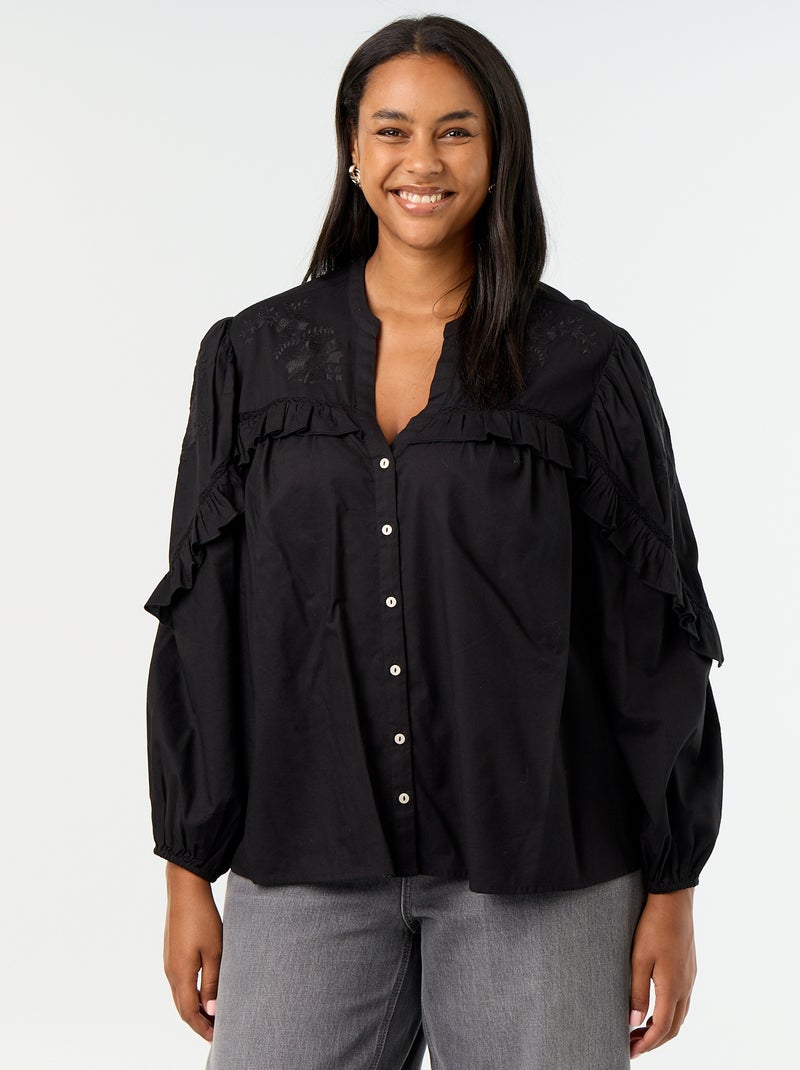 Effen blouse met ruches Zwart - Kiabi