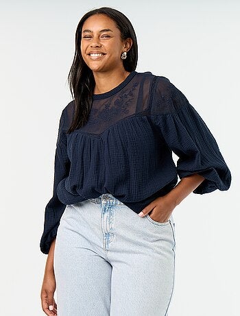 Effen blouse van katoenen gaas en kant