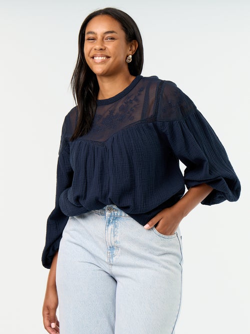 Effen blouse van katoenen gaas en kant - Kiabi Effen blouse van katoenen gaas en kant - Kiabi