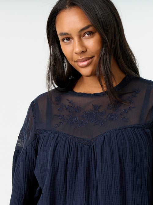 Effen blouse van katoenen gaas en kant - Kiabi Effen blouse van katoenen gaas en kant - Kiabi