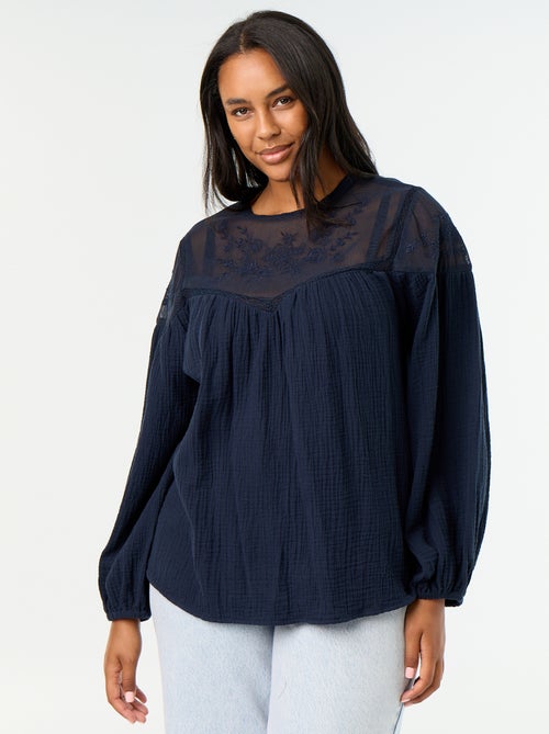 Effen blouse van katoenen gaas en kant - Kiabi Effen blouse van katoenen gaas en kant - Kiabi