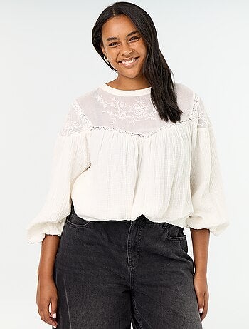 Effen blouse van katoenen gaas en kant