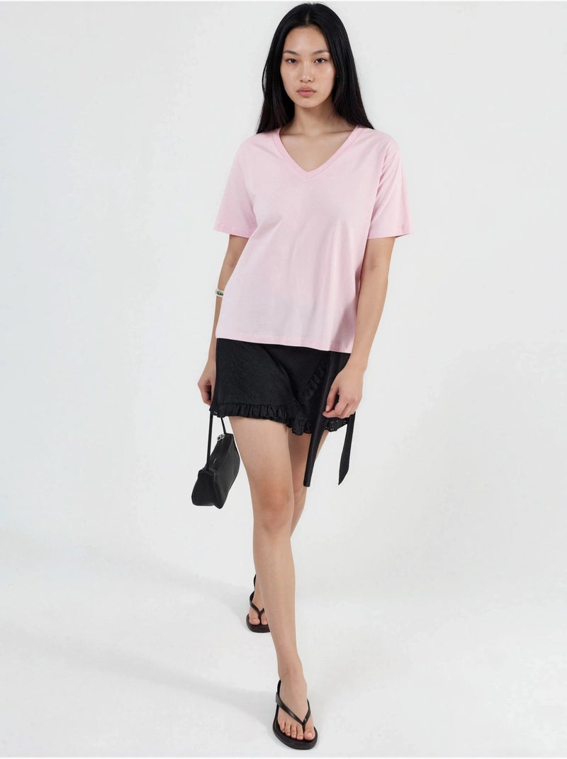 Effen gebreid t-shirt met v-hals busem Bleekroze - Kiabi