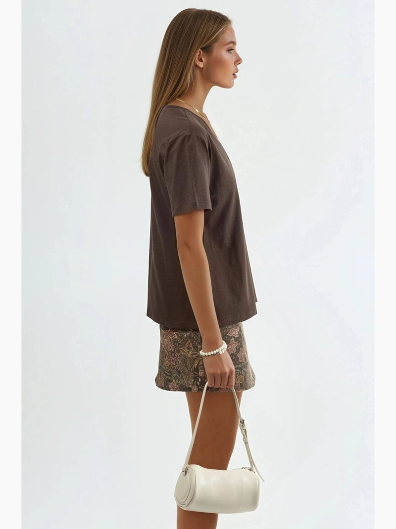 Effen gebreid t-shirt met v-hals busem Chocoladebruin - Kiabi