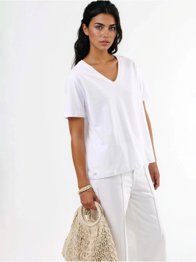 Effen gebreid t-shirt met v-hals busem Wit - Kiabi