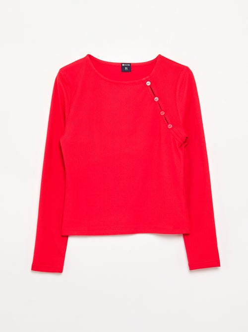 Effen geribd T-shirt met knoopdetail op de schouder - Kiabi