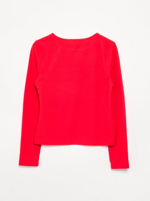 Effen geribd T-shirt met knoopdetail op de schouder - Kiabi