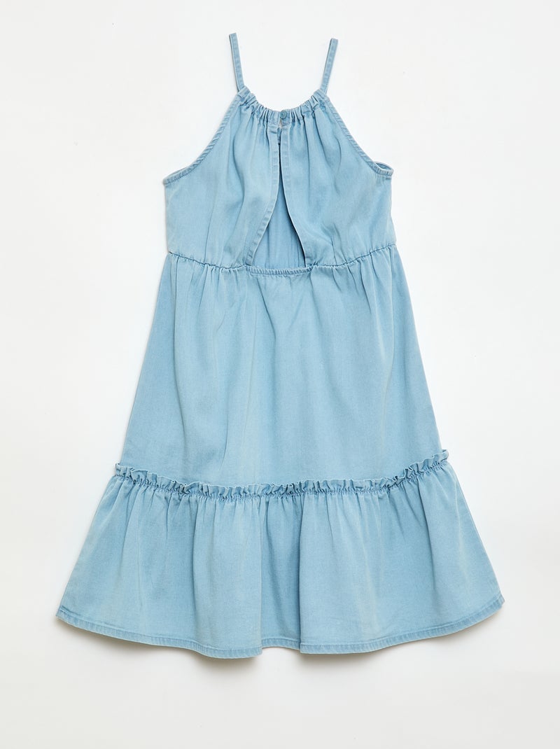 Effen jurk met spaghettibandjes en ruches Blauw - Kiabi