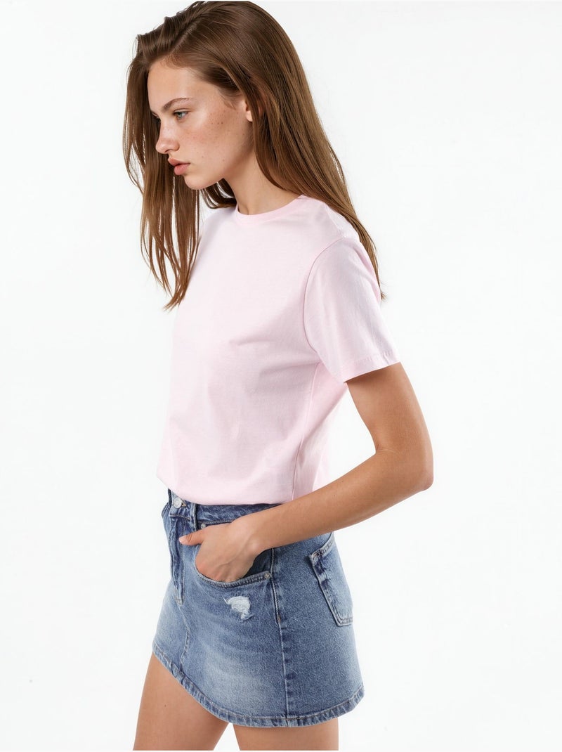 Effen katoenen t-shirt met ronde hals busem Bleekroze - Kiabi