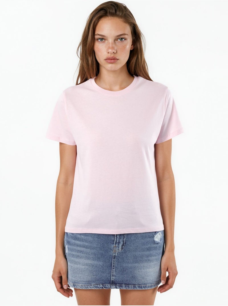 Effen katoenen t-shirt met ronde hals busem Bleekroze - Kiabi