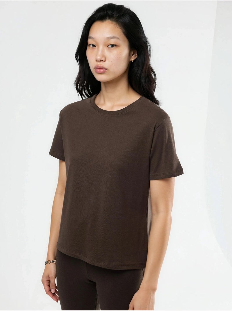 Effen katoenen t-shirt met ronde hals busem Chocoladebruin - Kiabi